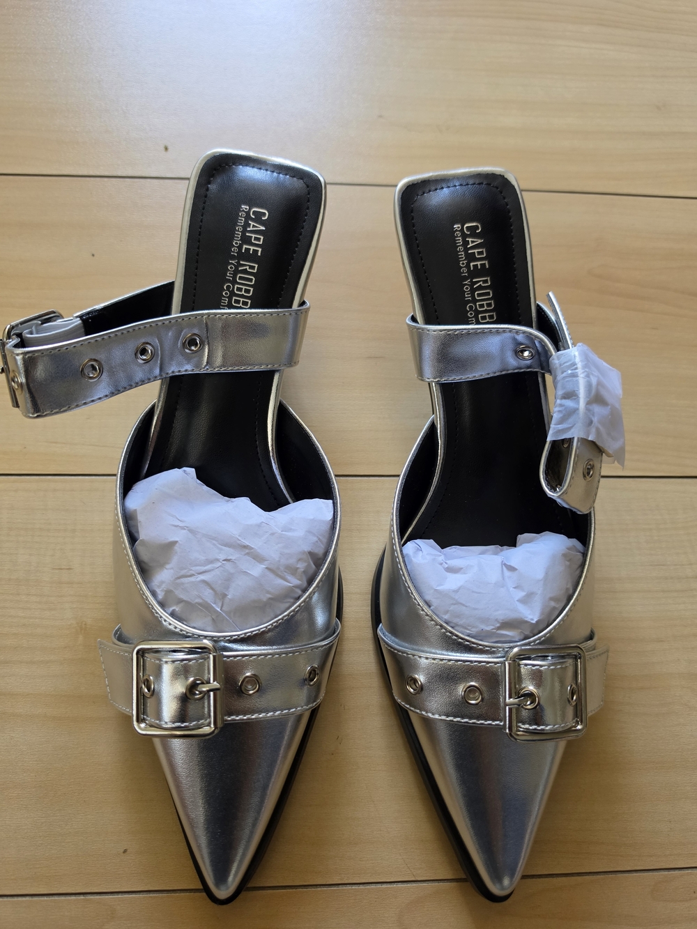 Cape Robbin Metallic Silver Pointed Buckle Mules